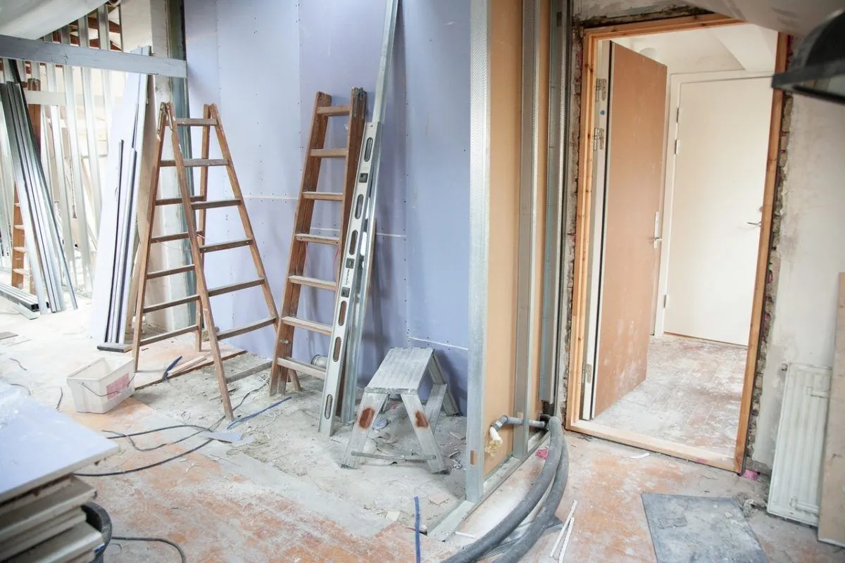 Home interior stripped back to the framing during a whole-house renovation