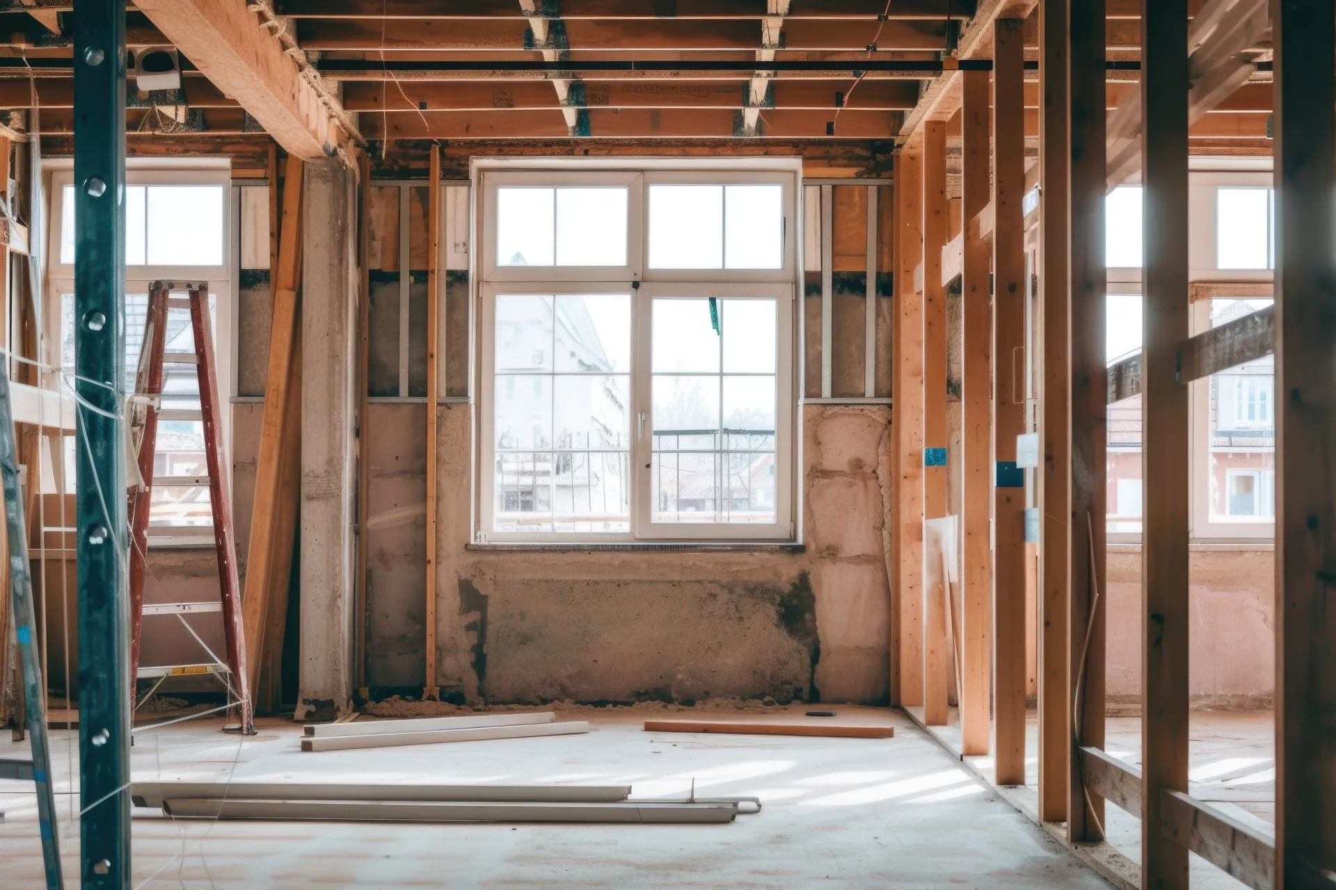 Interior stud framing and open drywall during a whole-home renovation