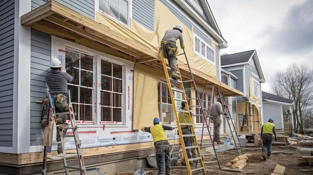 Crew on ladders installing siding and housewrap on a home exterior
