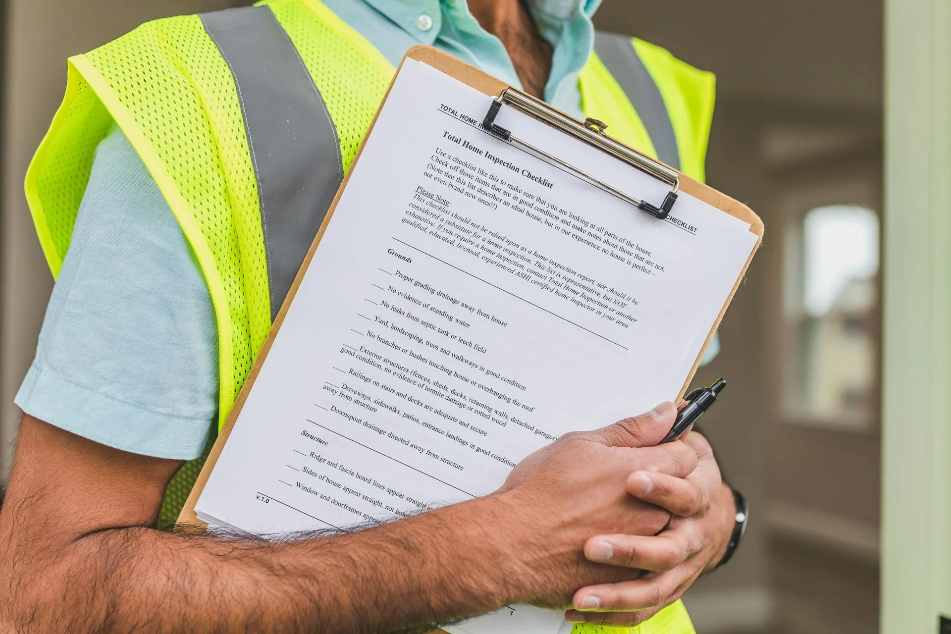 Contractor in a hi-vis vest working through an inspection checklist on a clipboard