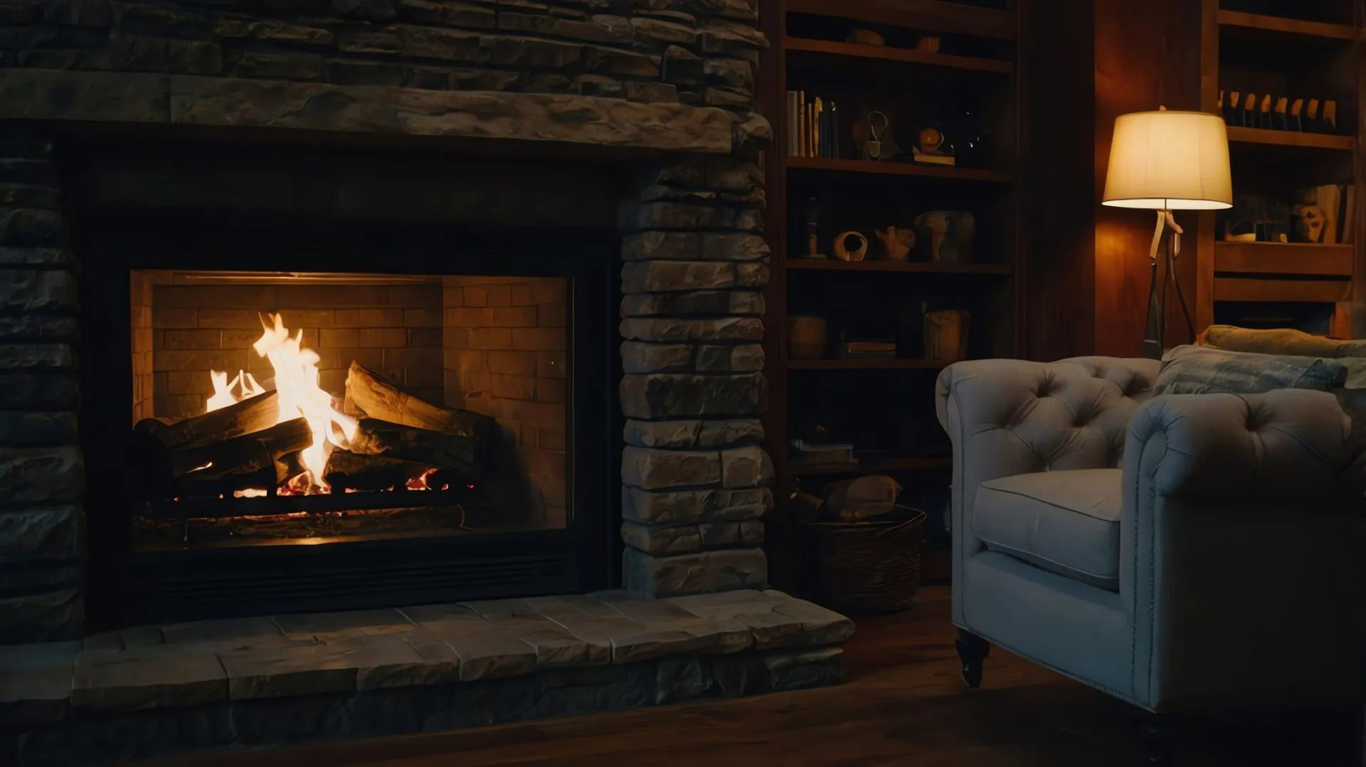 Stone fireplace with a lit fire, armchair and built-in shelves in a finished living room