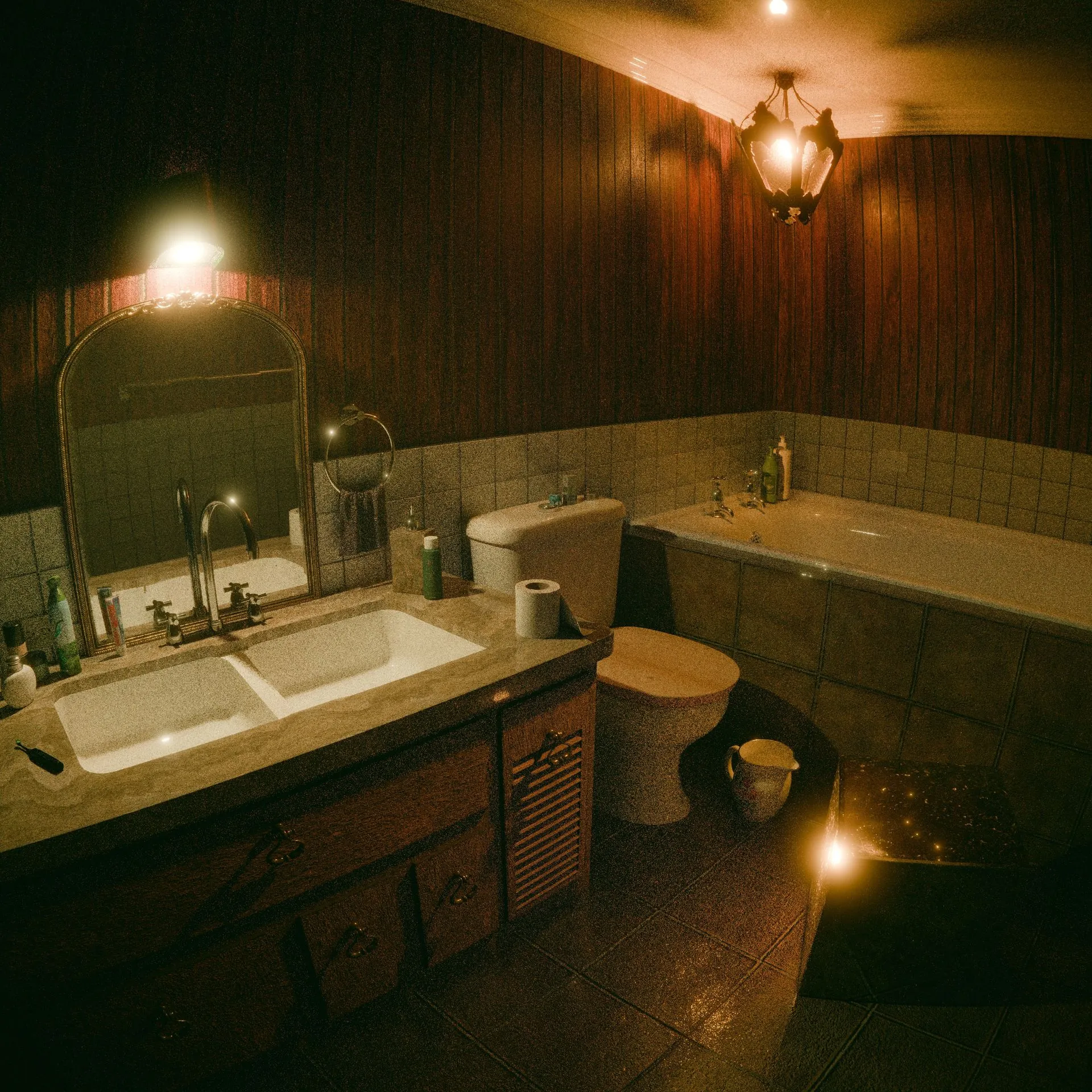 Dated bathroom with dark wood paneling, a tile tub surround and vanity mirror