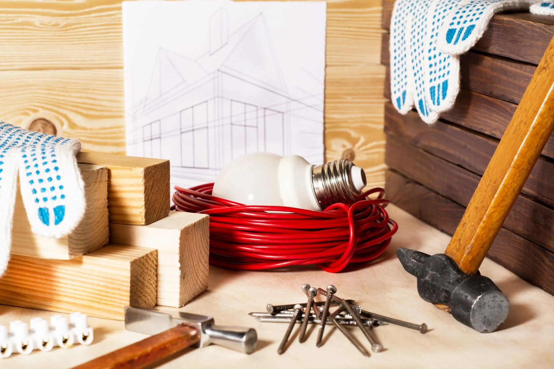 Hammer, nails, electrical wire and work gloves on a bench beside a house sketch